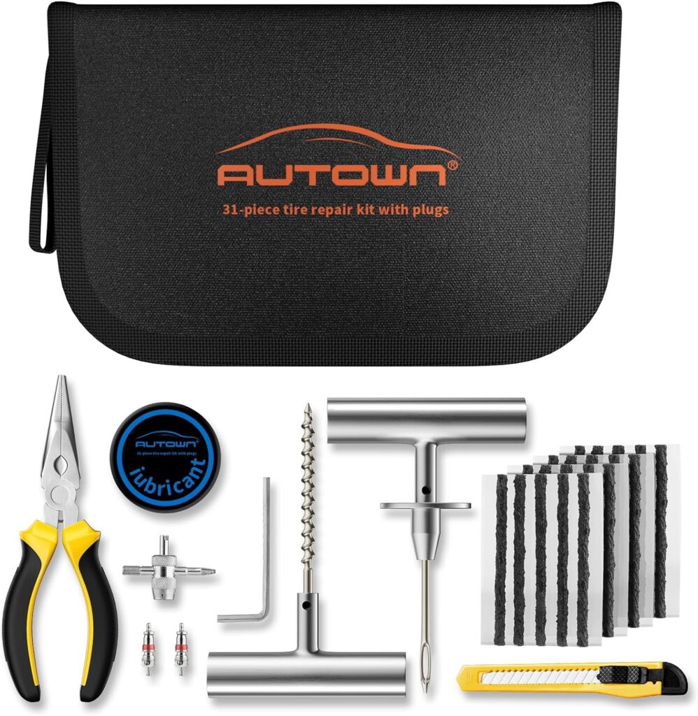 A tool set for repairing a flat tire including plugs.