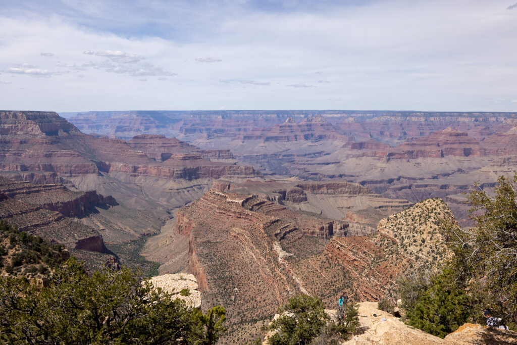 Panoramic view of the Grand Canyon from Grandview Point, showing layered rock formations, distant plateaus, and a hiker on the trail below