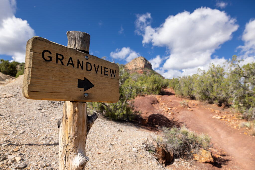 Wooden trail sign reading "GRANDVIEW" with an arrow pointing right, marking the Grandview Trail with desert vegetation and canyon terrain visible beyond