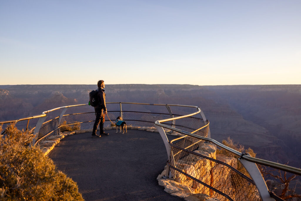 A man and his dog standing on a curved overlook platform at Maricopa Point, with expansive views of the Grand Canyon's layered rock formations in golden morning light