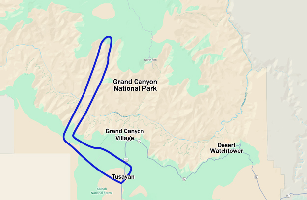 Map showing the Maverick Canyon Dancer helicopter tour route from Tusayan over the South Rim and across the Grand Canyon
