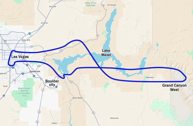 Map showing Maverick's Indian Territory helicopter tour route from Las Vegas over Hoover Dam and Lake Mead to Grand Canyon West, with two landing stops