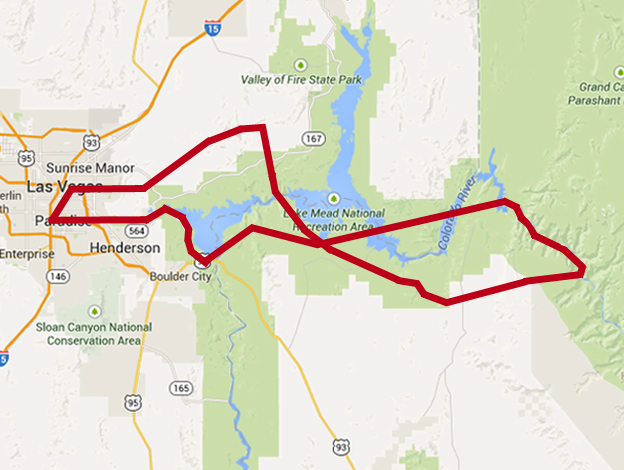 Map showing the Wind Dancer helicopter flight route from Las Vegas terminal over Lake Mead and into the Grand Canyon, marked with a red line departing from the Las Vegas area and looping through the Lake Mead National Recreation Area