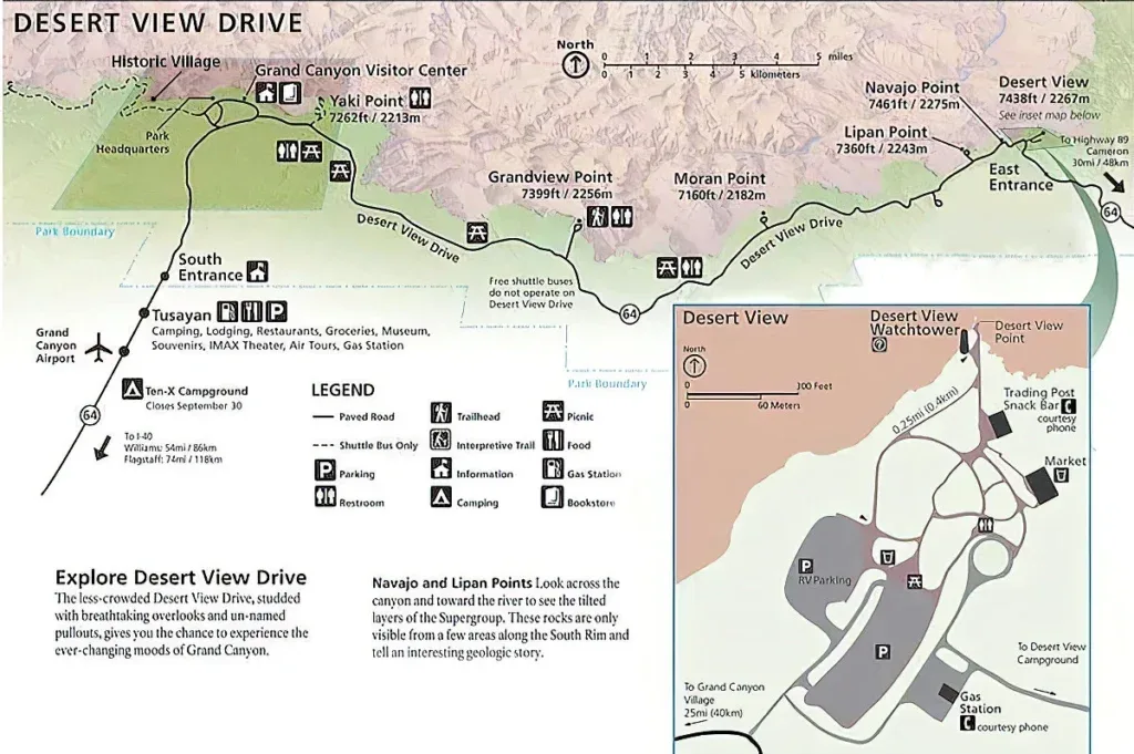 Map of Desert View Drive showing the 23-mile scenic route from the South Rim's East Entrance to the Grand Canyon Visitor Center, with marked viewpoints including Yaki Point, Grandview Point, Moran Point, Lipan Point, Navajo Point, and Desert View, plus facilities and services