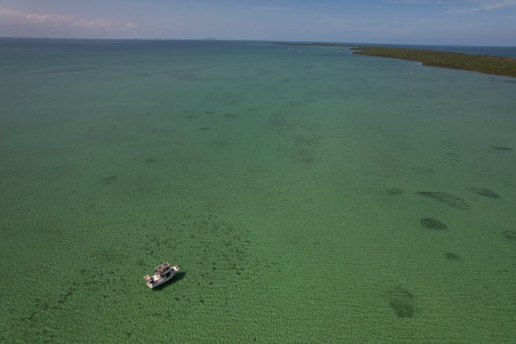 Pivot, our Great Loop boat, anchored in the Florida Keys in only 4.5 feet of water.