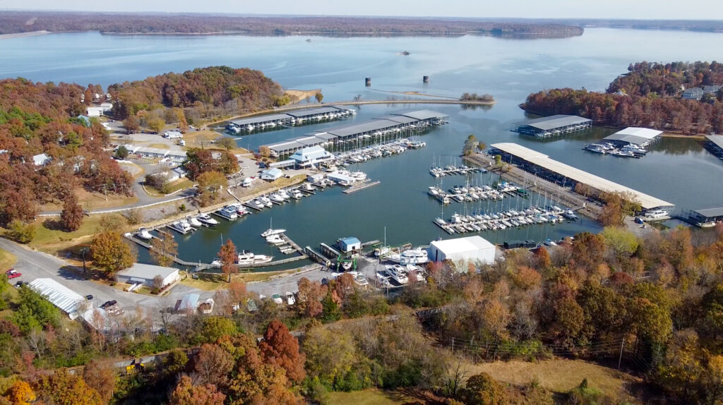 A drone shot of a marina