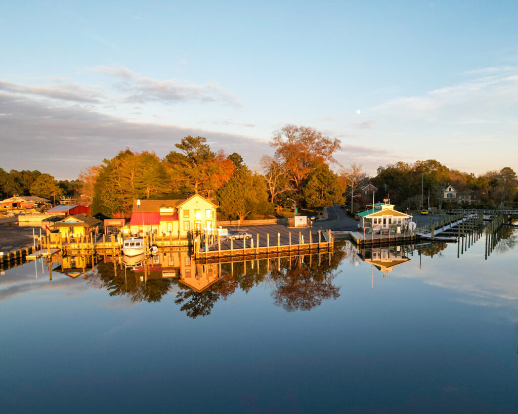 drone view of the port in Onancock, one of the best Chesapeake Bay Towns