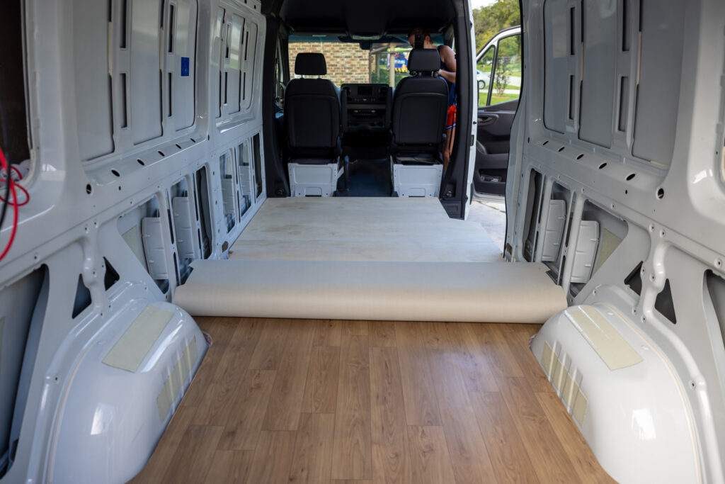 the camper van floor half way rolled up