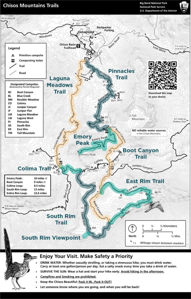 South Rim Trail Map with annotations breaking down the trail into smaller trails by color.